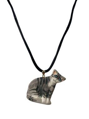 Vintage 90s Tabby Cat Pendant Necklace Animal Lovers Gift Feline Crazy Cat Lady